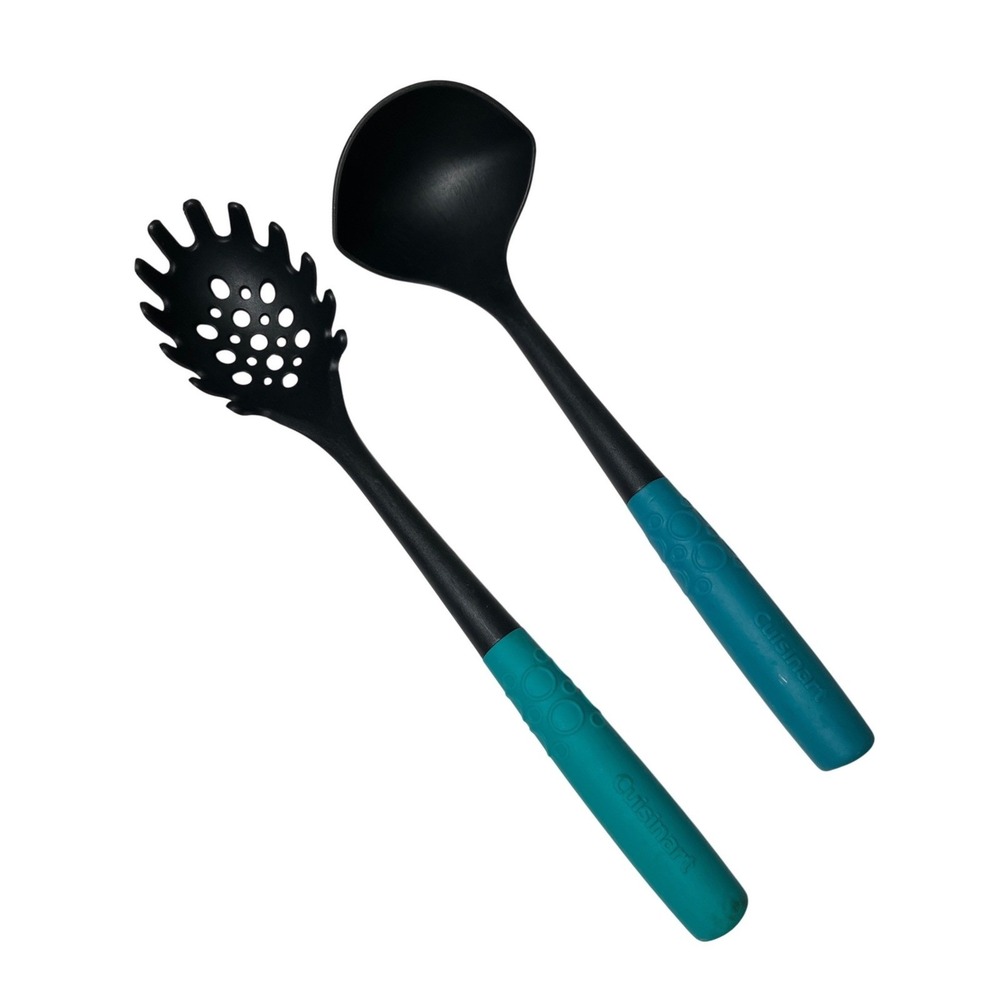 Cuisinart Utensil Set Ladle and Pasta Server Spoon Teal Handle Nonstick Safe